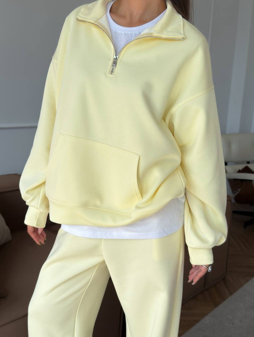 Women's Half-Zip Lounge Set with Hoodie and Wide-Leg Pants