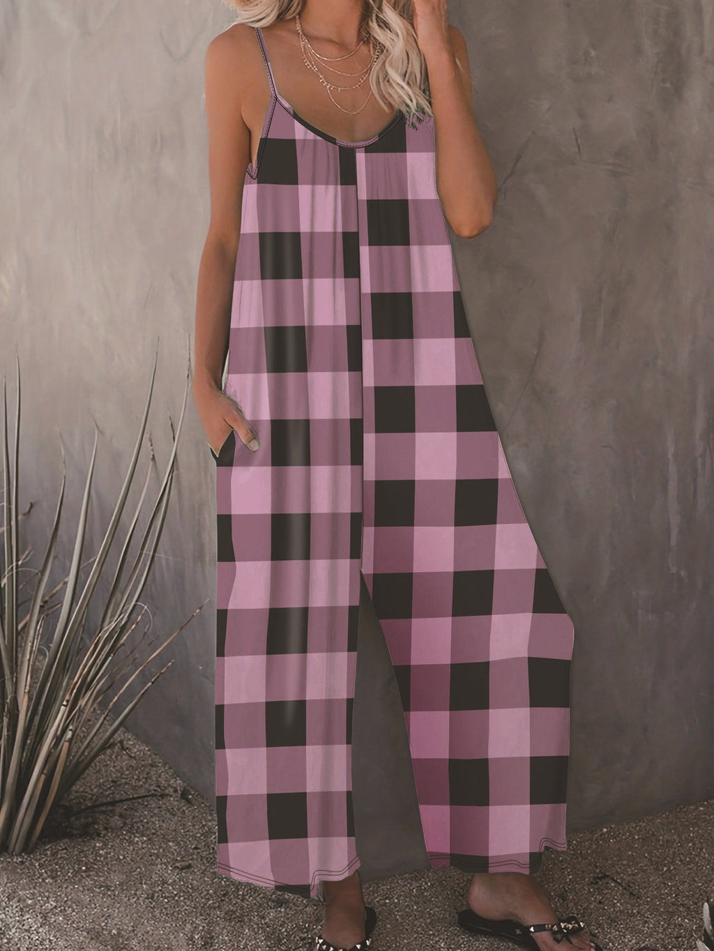 Women's Casual Plaid Jumpsuit with Pockets