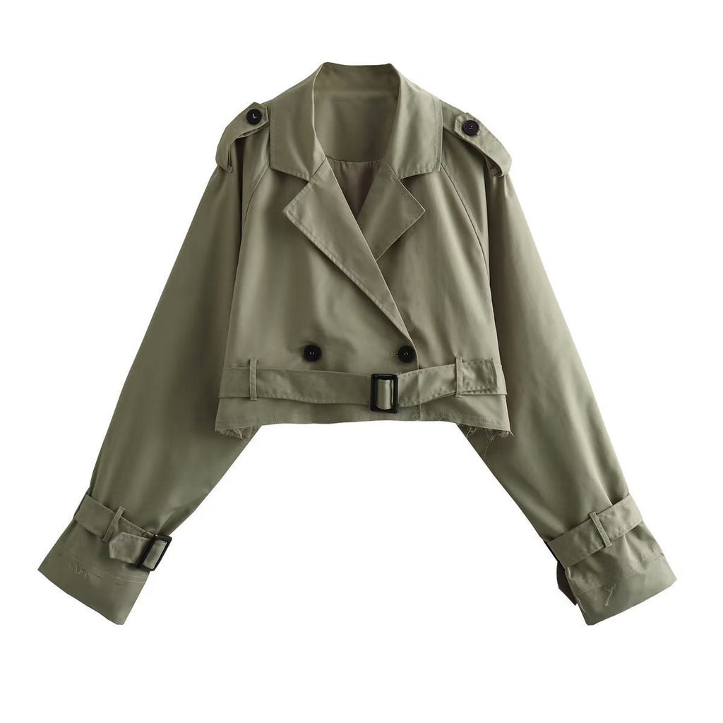 Women's Cropped Trench Jacket with Double Button Details