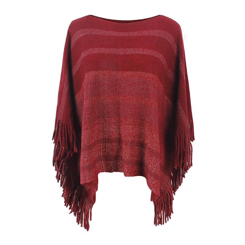 Elegant Women's Poncho with Textured Design and Fringed Details
