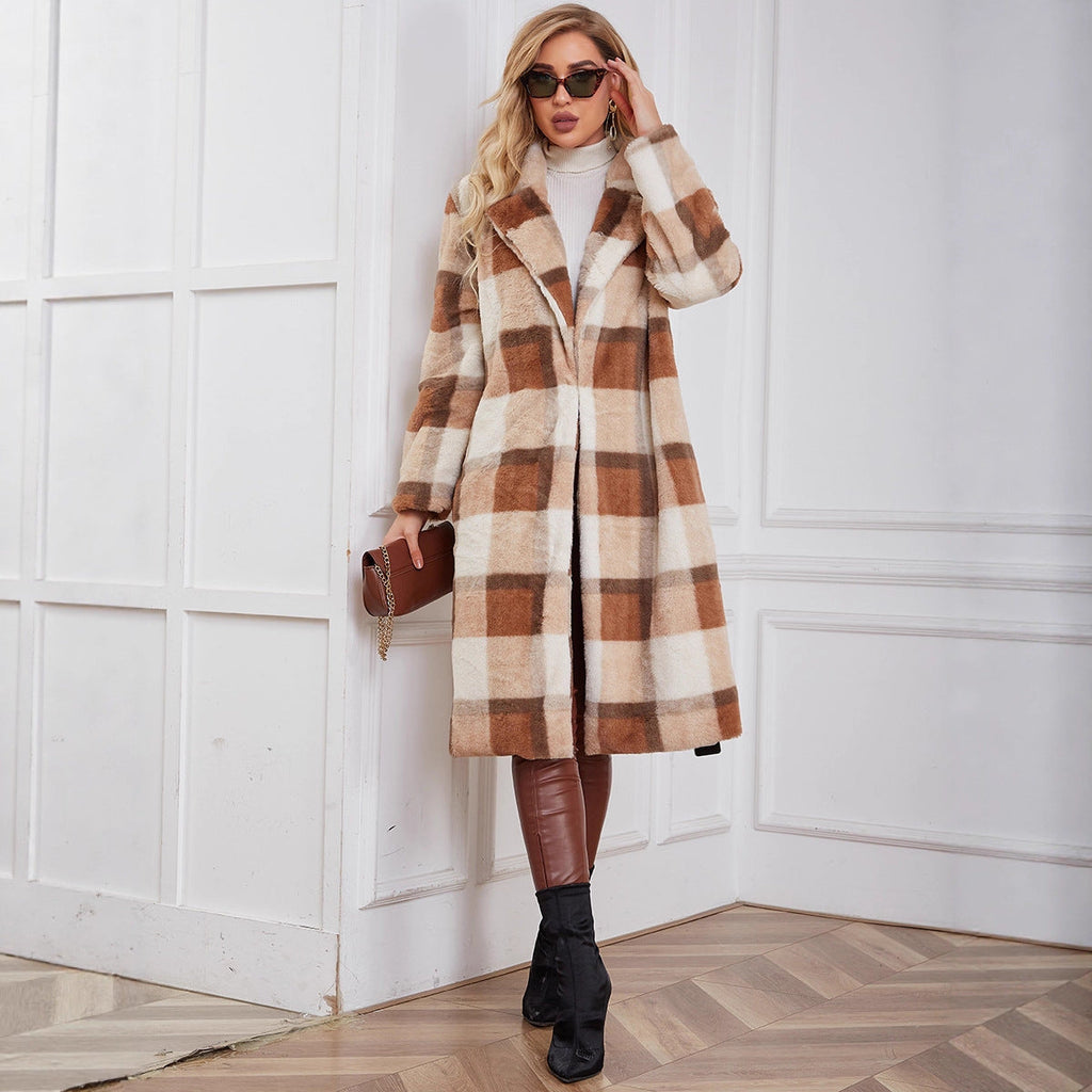 Women's Fluffy Plaid Coat with Elegant Lapel and Practical Pockets