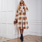 Women's Fluffy Plaid Coat with Elegant Lapel and Practical Pockets