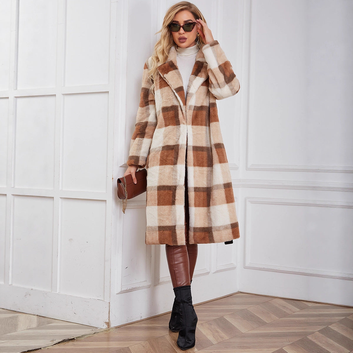 Women's Fluffy Plaid Coat with Elegant Lapel and Practical Pockets