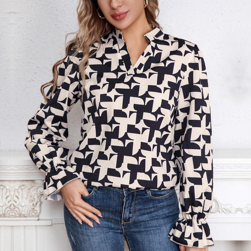 Women's Blouse with Modern Geometric Pattern and Elegant Ruffle Details
