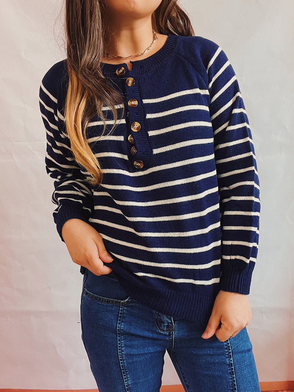 Women's Striped Knit Sweater with Button Details and Casual Fit