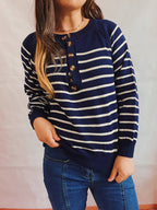 Women's Striped Knit Sweater with Button Details and Casual Fit