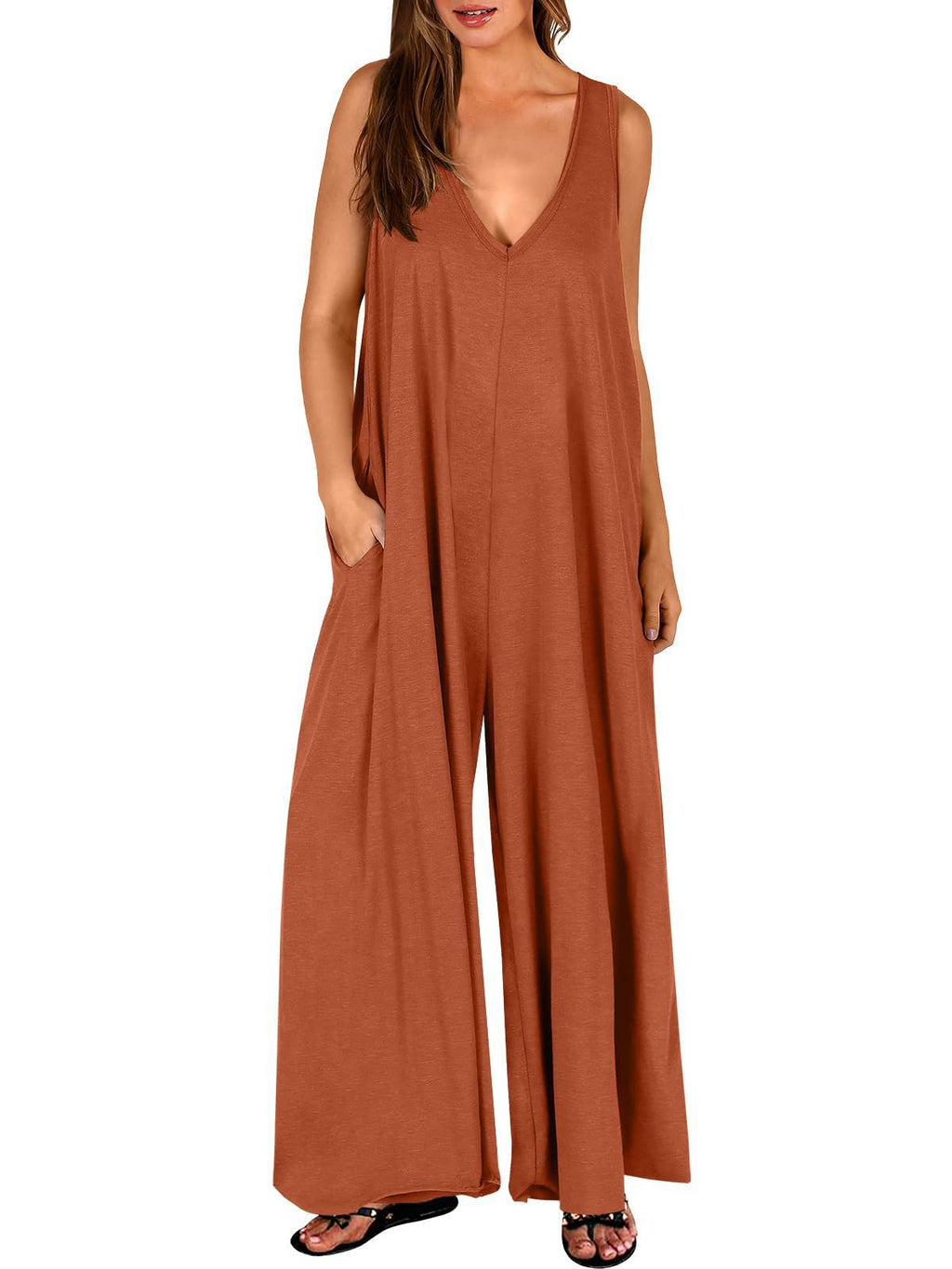 Women's Loose Jumpsuit with Deep V-Neck and Side Pockets