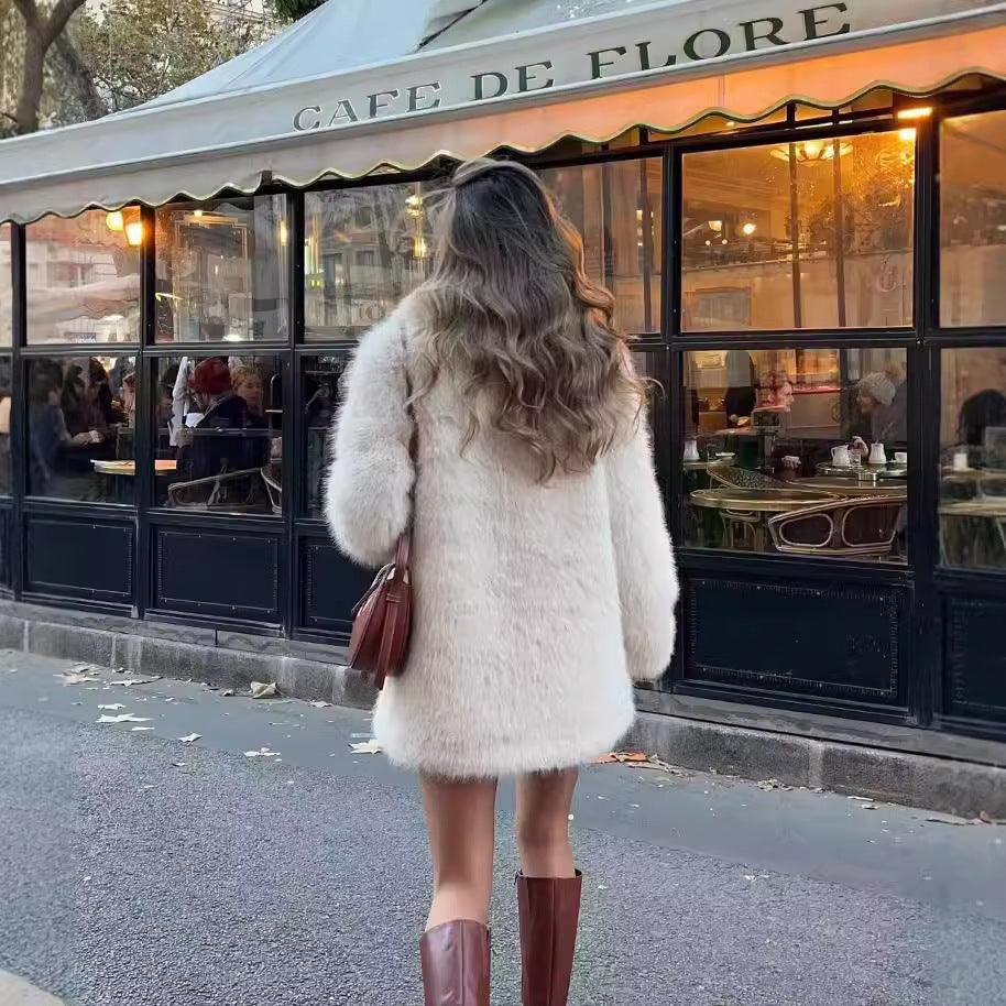 Women's Luxury Faux Fur Coat with Elegant Lapel and Deep Collar