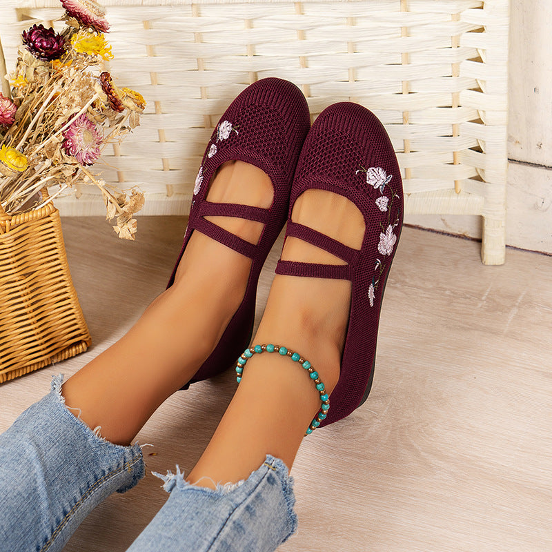 Women's Ballet Flats with Floral Embroidery and Mesh