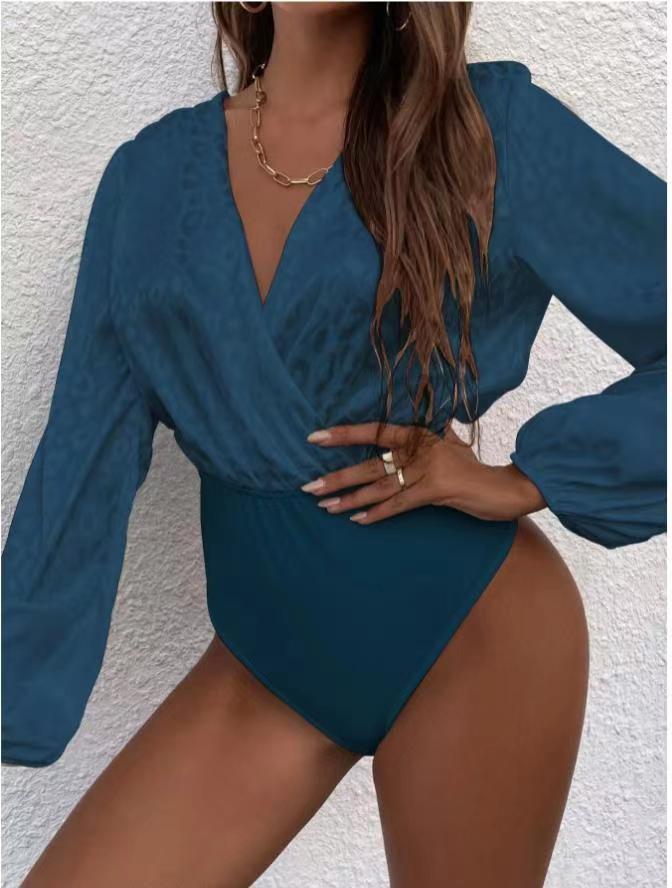 Women's Bodysuit with Elegant Wrap Neckline and Voluminous Sleeves