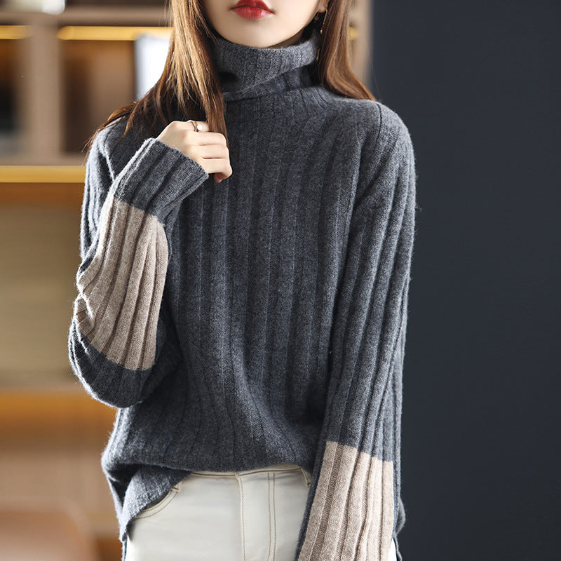 Women's Chunky Knit Turtleneck Sweater with Striped Pattern