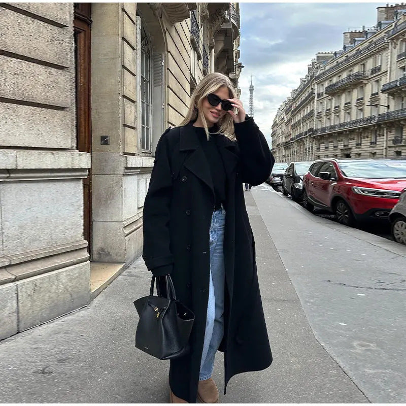 Women's Elegant Oversized Trench Coat with Fashionable Belt and Wide Sleeves