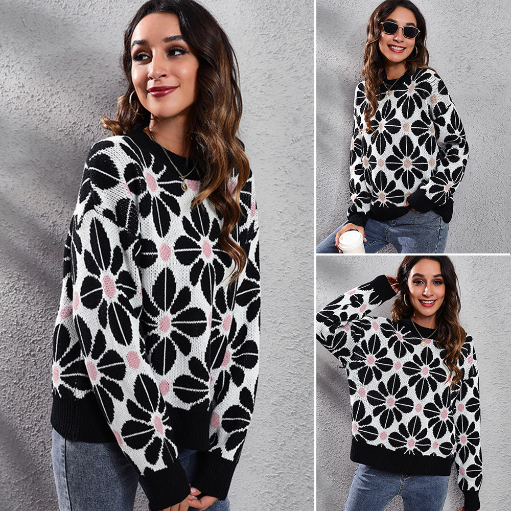 Women's Patterned Knit Sweater with Floral Design and High Collar