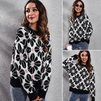 Women's Patterned Knit Sweater with Floral Design and High Collar