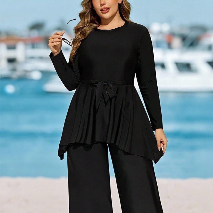 Women's Elegant Beach Outfit with Floral Tie and Wide Cut