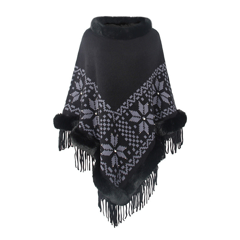 Women's Elegant Poncho with Decorative Fringe Design and Faux Fur Trim