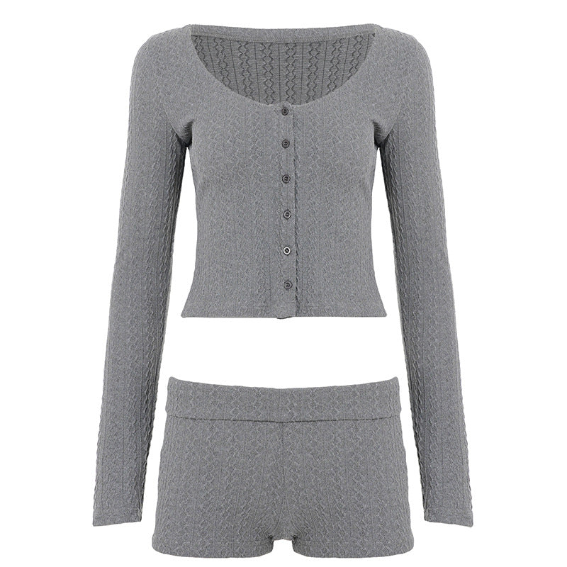 Women's Ribbed Lounge Set with U-Neck Cropped Cardigan and High-Waist Shorts