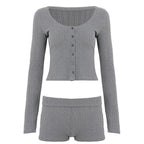 Women's Ribbed Lounge Set with U-Neck Cropped Cardigan and High-Waist Shorts