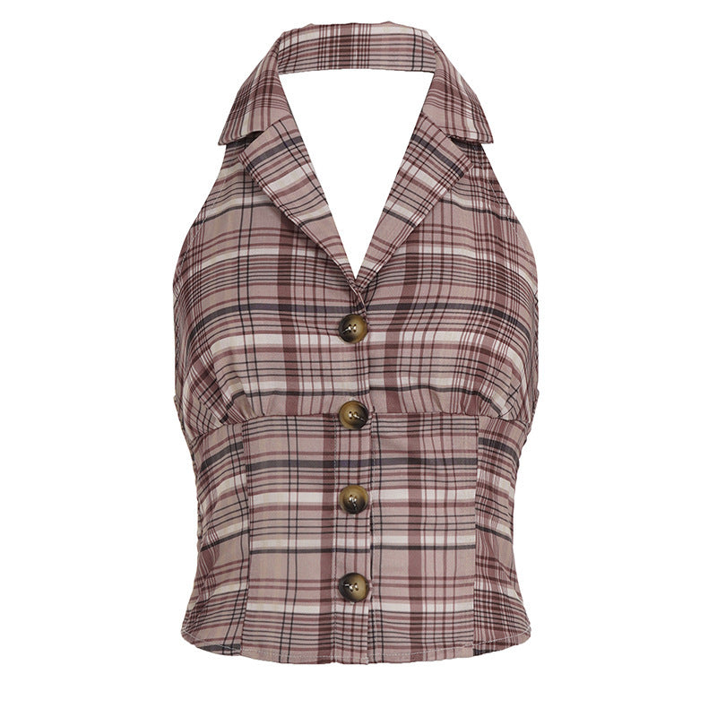 Women's Sleeveless Plaid Top with Collar and Button Details