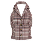 Women's Sleeveless Plaid Top with Collar and Button Details