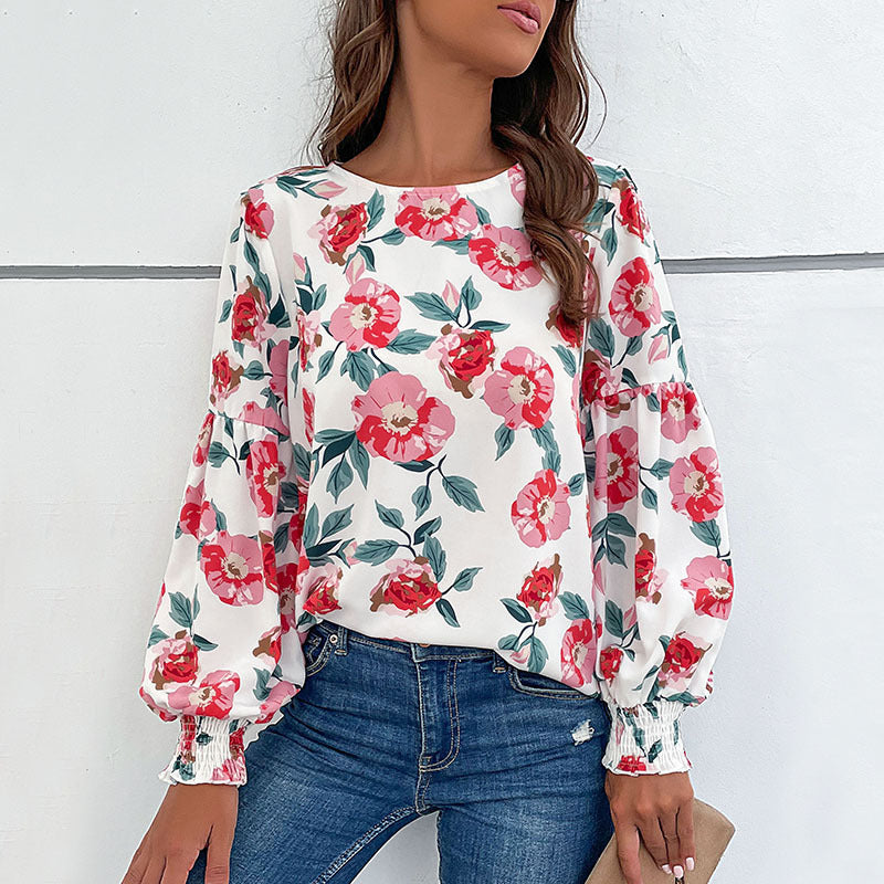 Women's Blouse with Floral Design and Voluminous Sleeves