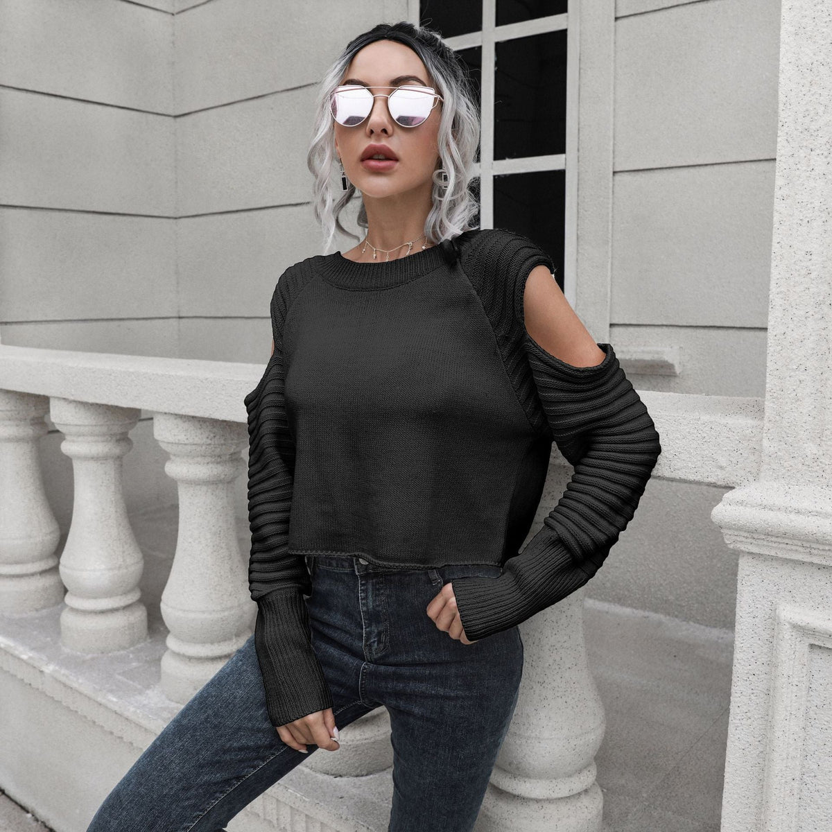 Women's Off-Shoulder Cropped Ribbed Sweater