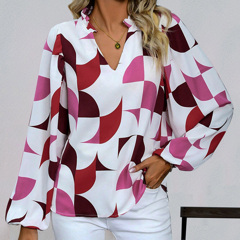 Women's Blouse with Geometric Pattern and Loose Fit