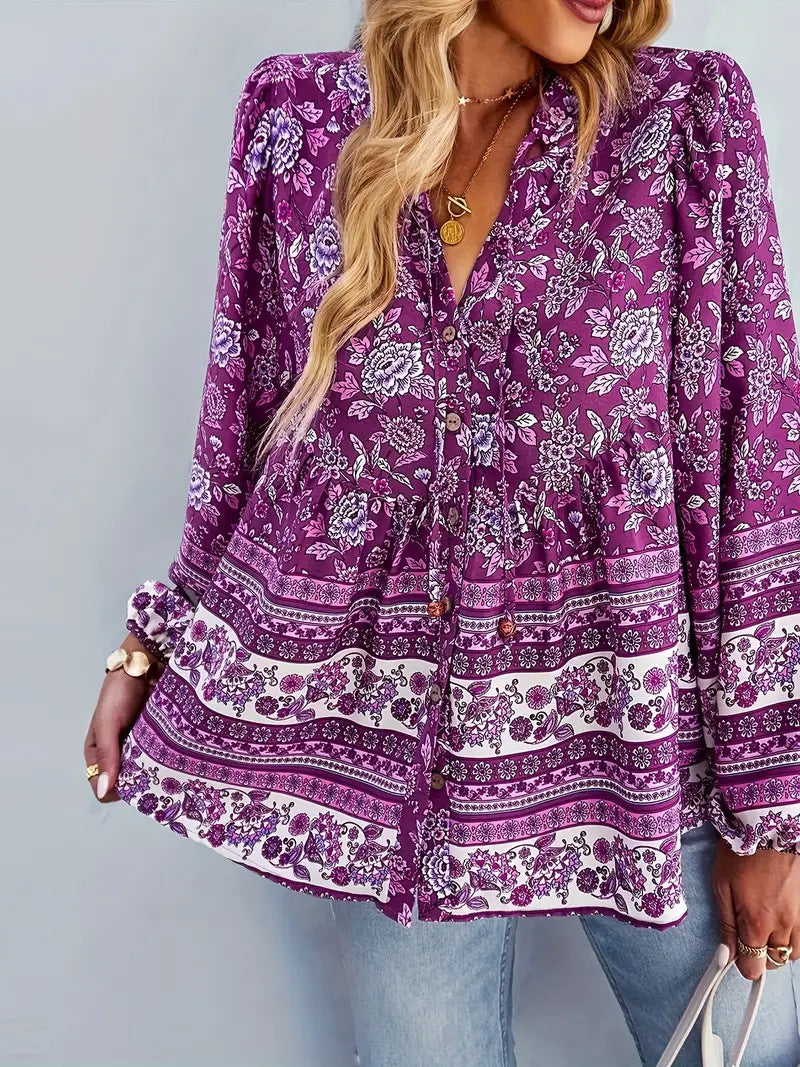 Women's Floral Blouse Top with Volant Sleeves