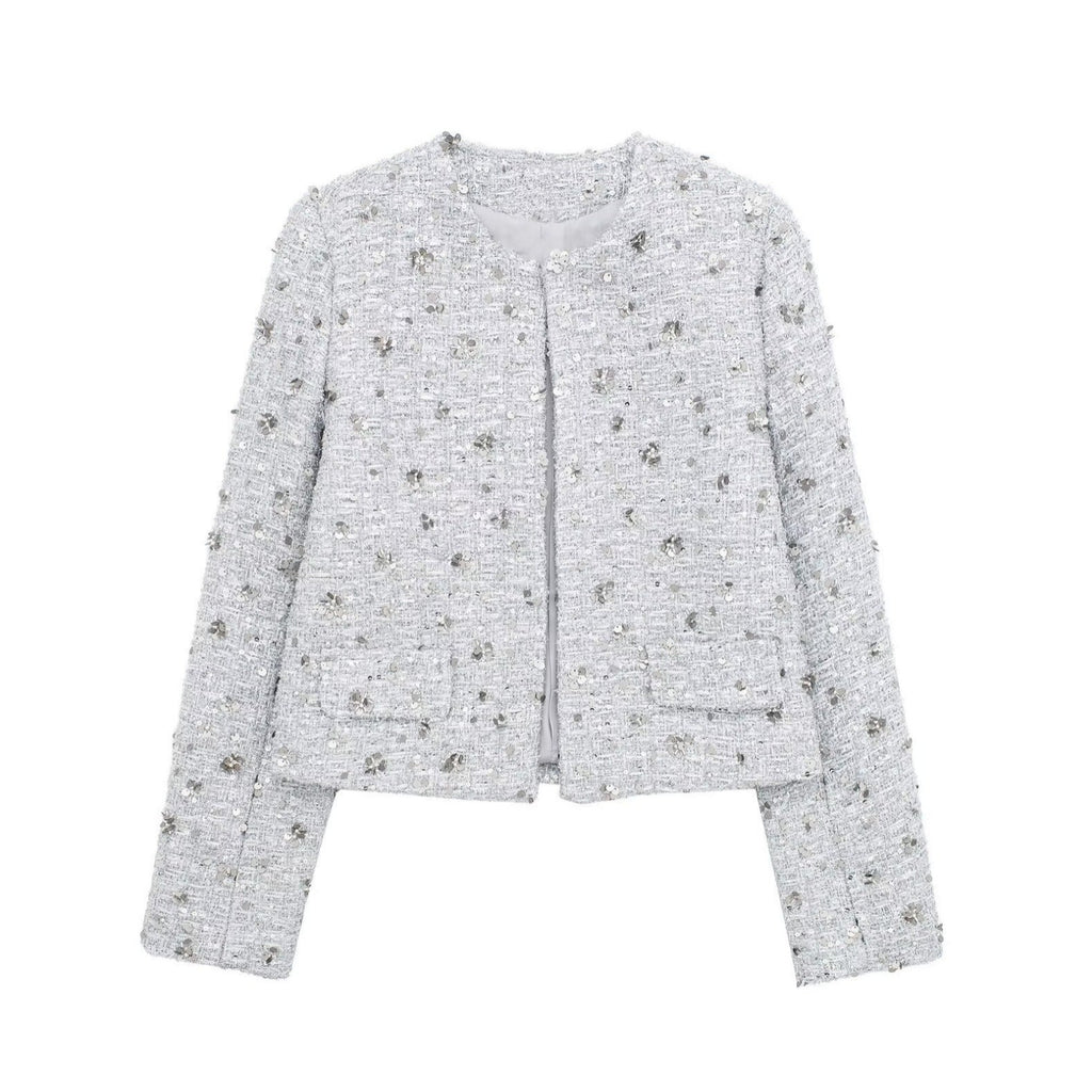 Elegant Tweed Jacket with Sparkling Sequins and Structured Design