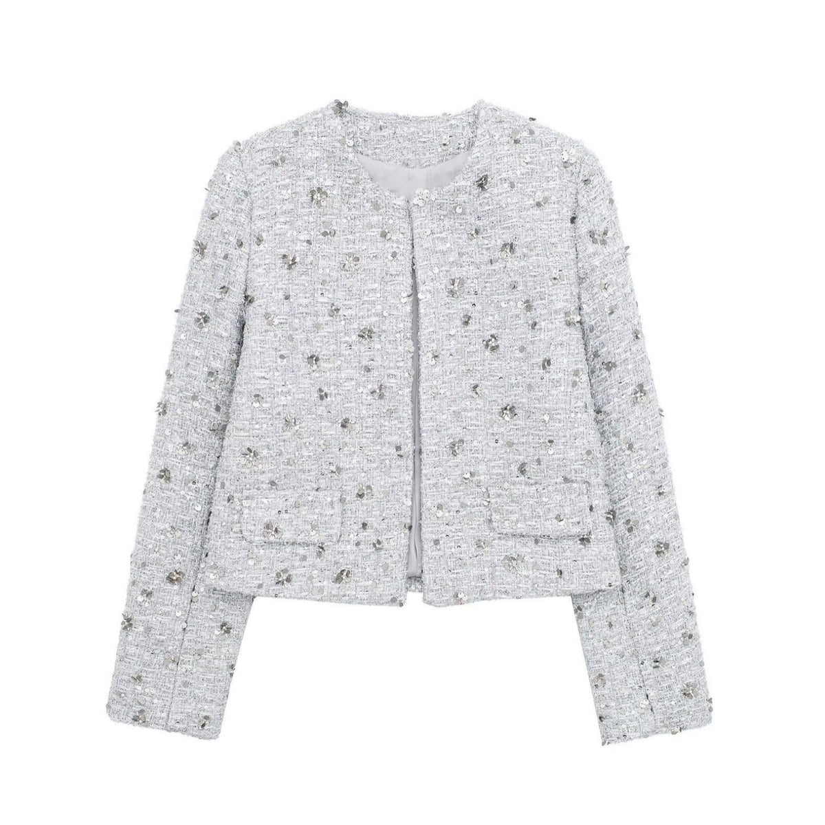 Elegant Tweed Jacket with Sparkling Sequins and Structured Design