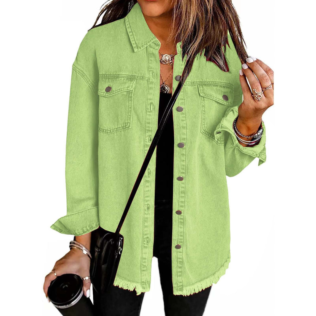 Casual Denim Shirt with Frayed Hems and Chest Pockets