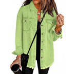 Casual Denim Shirt with Frayed Hems and Chest Pockets