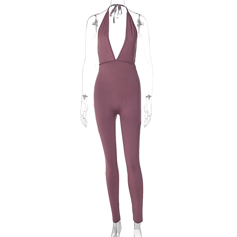 Elegant Jersey Jumpsuit with Deep Neckline and Tie Straps