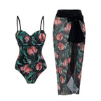Women's Swimwear with Floral Print and Sheer Sarong Cover-Up