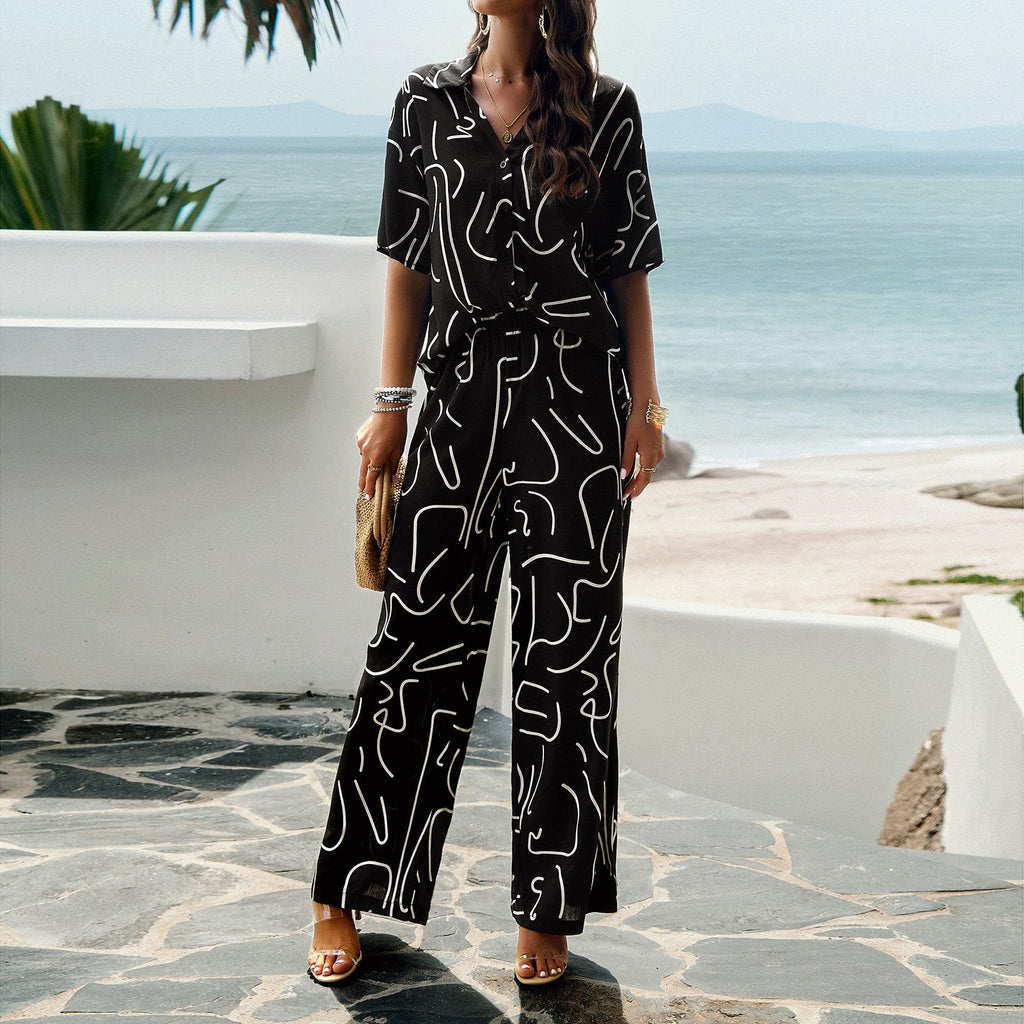 Women's Casual Two-Piece Set with Wide-Leg Pants and Elegant Top