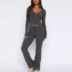 Ribbed Loungewear Set with Button Placket