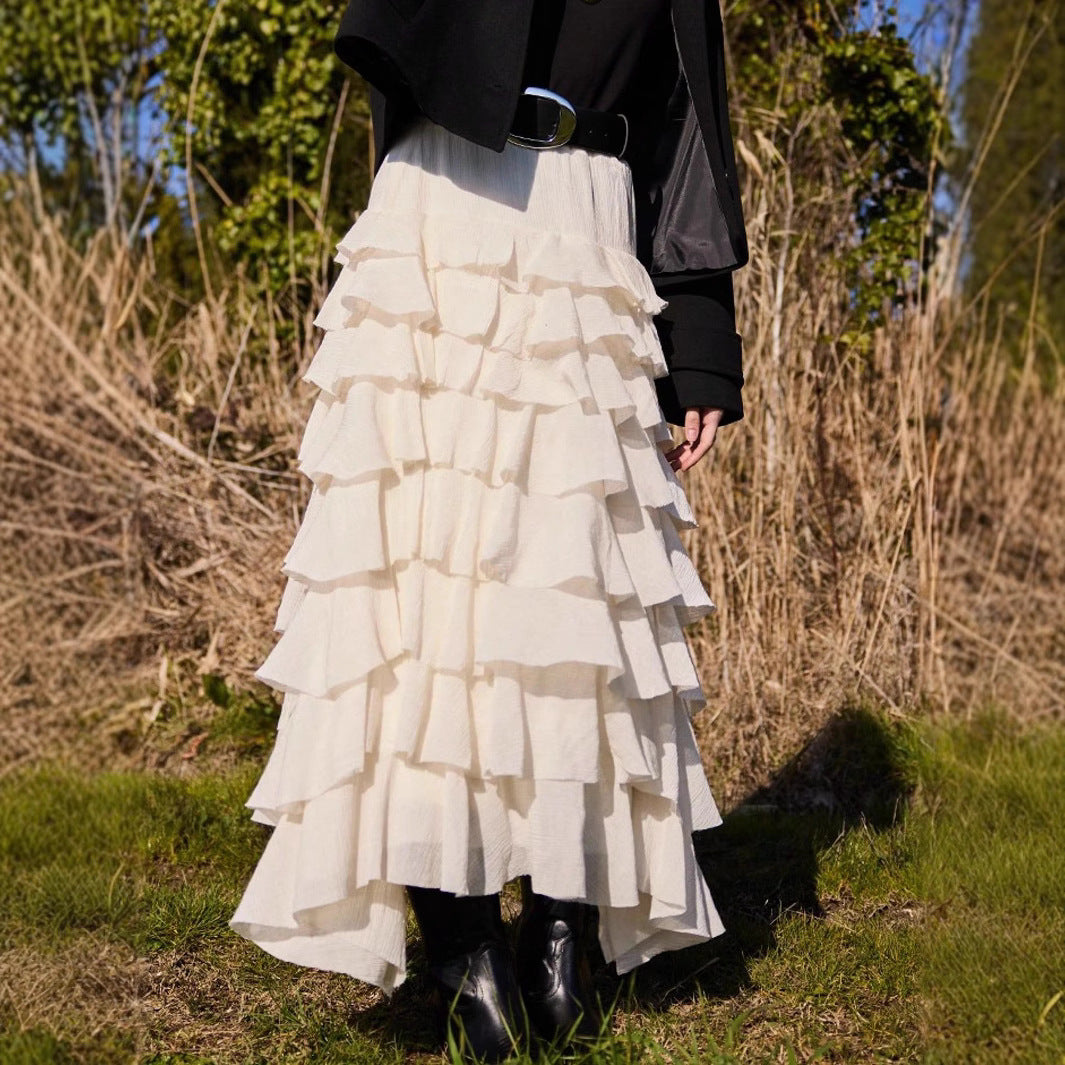 Women's Tiered Midi Skirt with Ruffles and Elastic Waistband