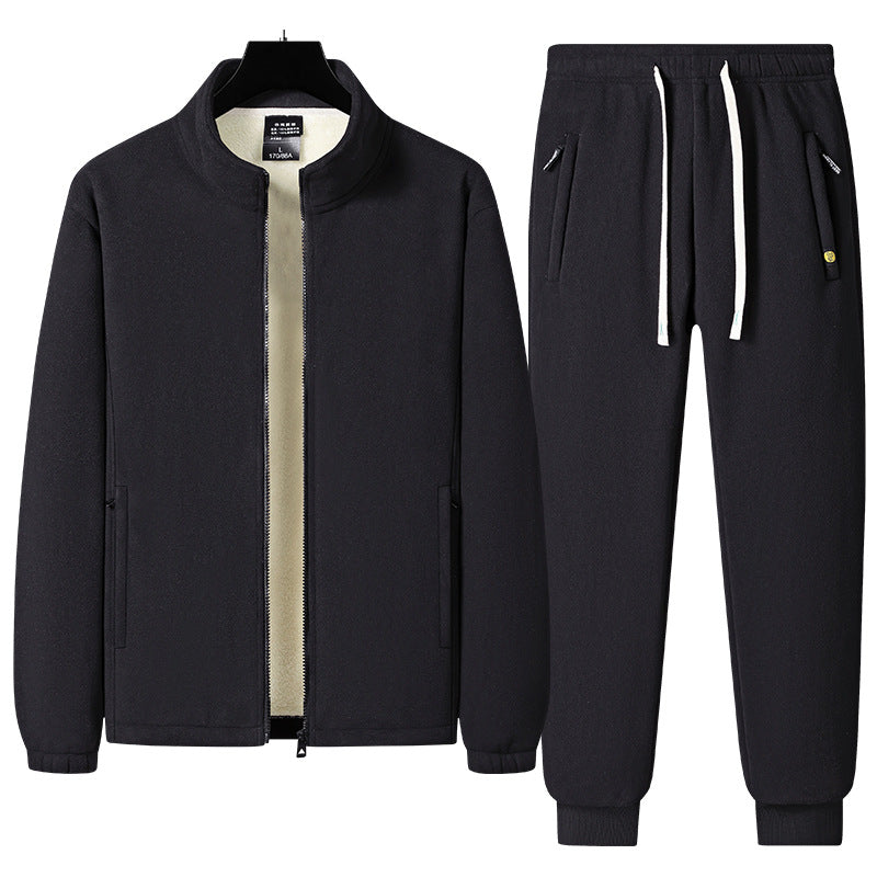 Men's three-piece fleece set with padded vest, stand-up collar jacket, and joggers