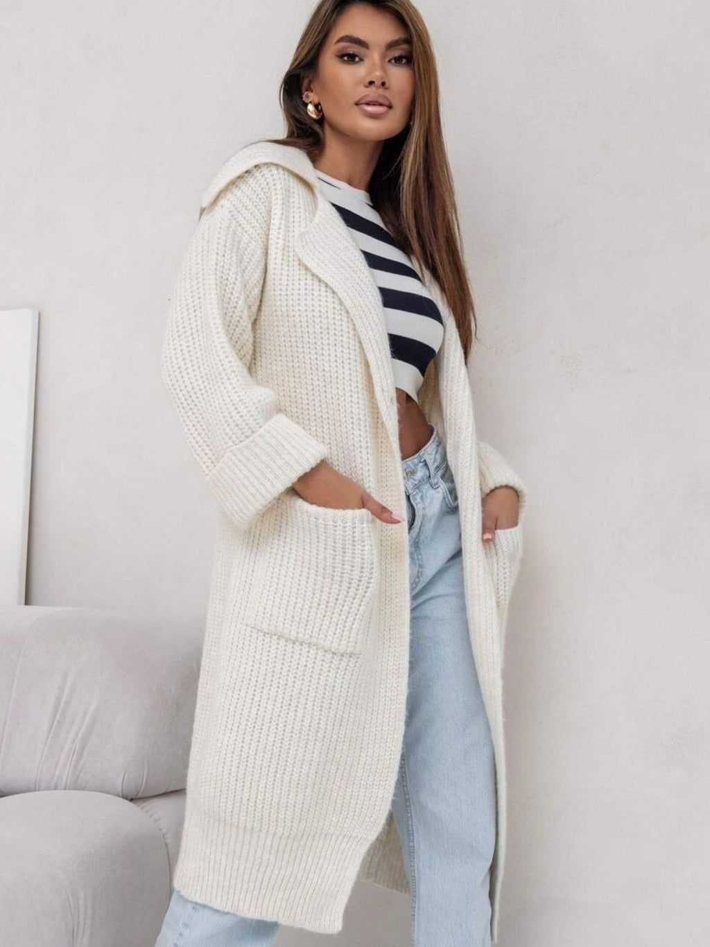 Women's Long Knit Coat with Hood and Pockets