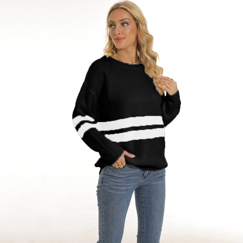 Women's Chunky Knit Sweater with Sporty Stripe Pattern and Loose Fit