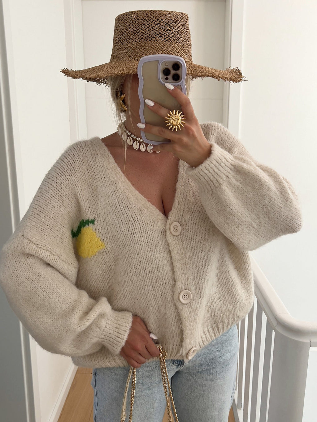 Women's Chunky Knit Cardigan with Cheerful Motif