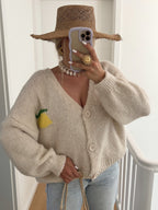Women's Chunky Knit Cardigan with Cheerful Motif