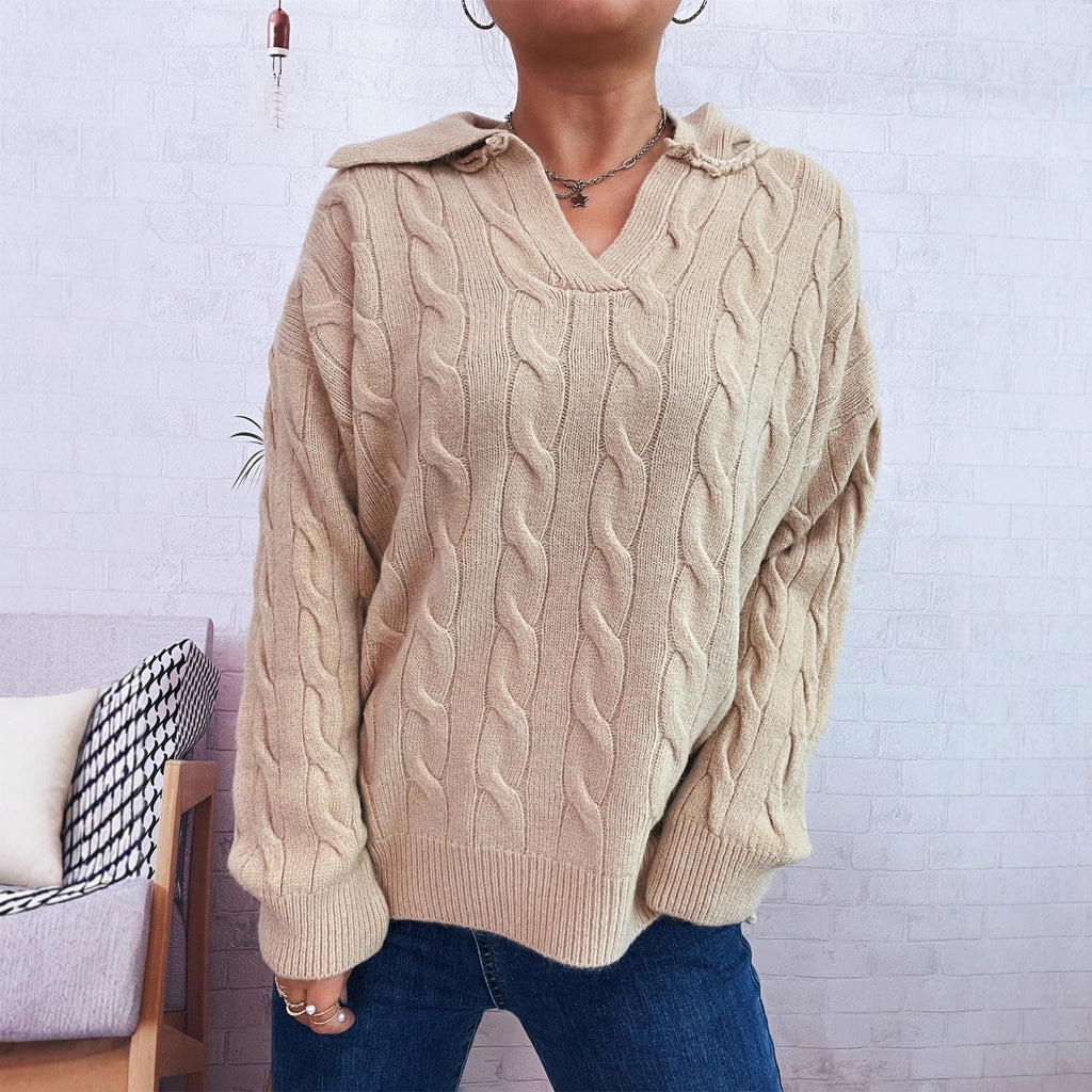 Women's Chunky Knit Sweater with Colorful Cable Design and Classic Collar