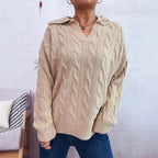 Women's Chunky Knit Sweater with Colorful Cable Design and Classic Collar