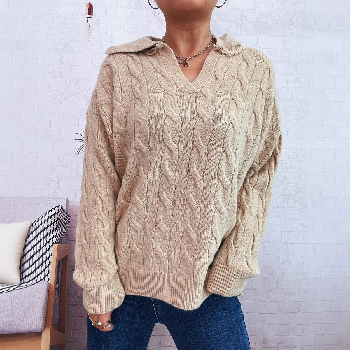 Women's Chunky Knit Sweater with Colorful Cable Design and Classic Collar