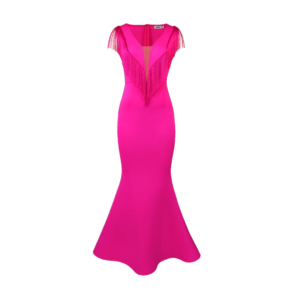 Women's Evening Dress with Shimmering Fringe and Deep V-Neck