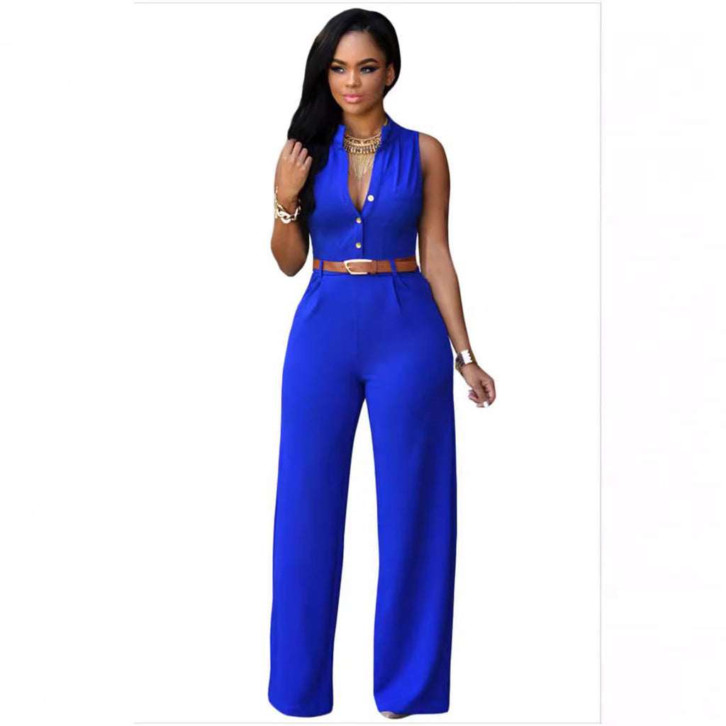 Women's Elegant Jumpsuit with Belt and Button Detail