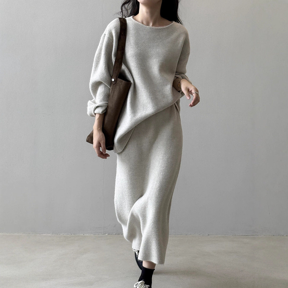 Women's Cozy Knit Set: Oversized Sweater and Midi Skirt