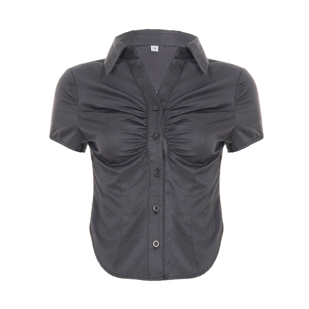 Women's Short Sleeve Blouse with Ruching and Button Placket