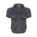 Women's Short Sleeve Blouse with Ruching and Button Placket